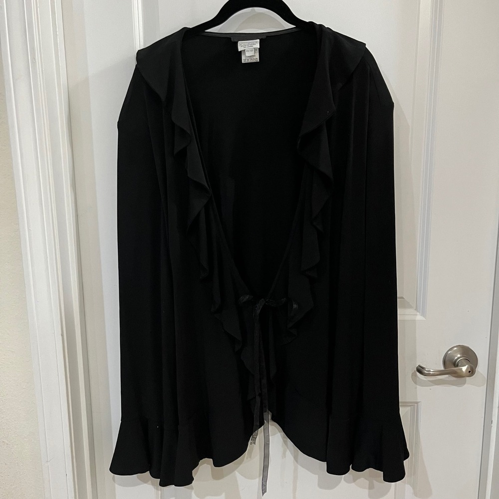 Alain Weiz Couture Black Ruffle Trim Open Front Tie Cardigan Plus Size 24 MV700